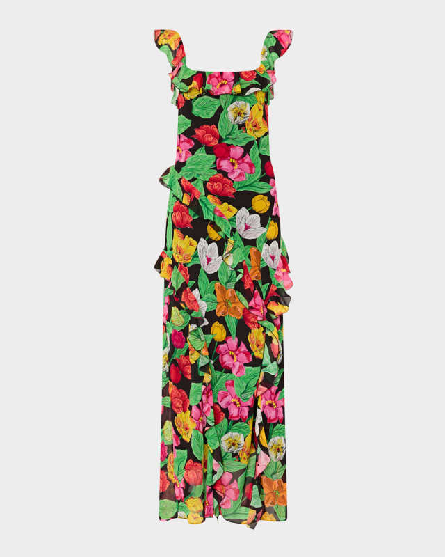 Tulip Rosette Floral-Print Ruffle Maxi Dress
